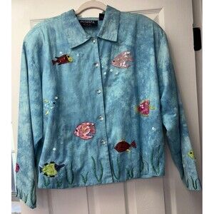 VTG 90s Pushups Art To Wear Fish Aquarium Shacket  XL Sequin Lucite Button Blue